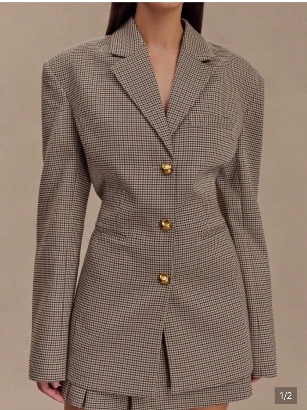 Meshki Tan and Brown Houndstooth Tailored Blazer with Gold Buttons